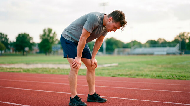 A tired runner catching his breath on a track