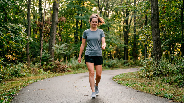 A woman walking through a serene forest path, embracing nature and health