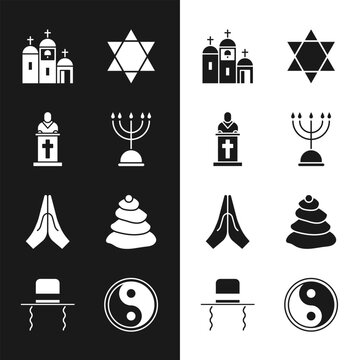 Set Hanukkah menorah, Church pastor preaching, building, Star of David, Hands praying position, Stack hot stones, Yin Yang and Orthodox jewish hat with sidelocks icon. Vector