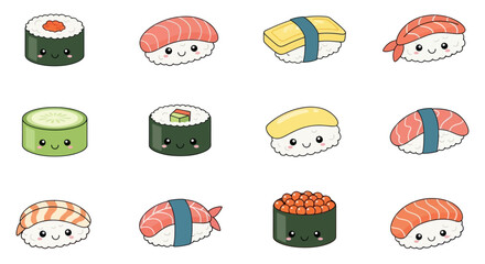 Cute Kawaii Sushi Set - Japanese Food Illustration © steven