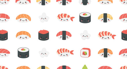 Cute Kawaii Sushi Seamless Pattern, Japanese Food Background, Cartoon Characters © steven