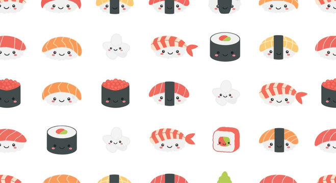 Cute Kawaii Sushi Seamless Pattern, Japanese Food Background, Cartoon Characters