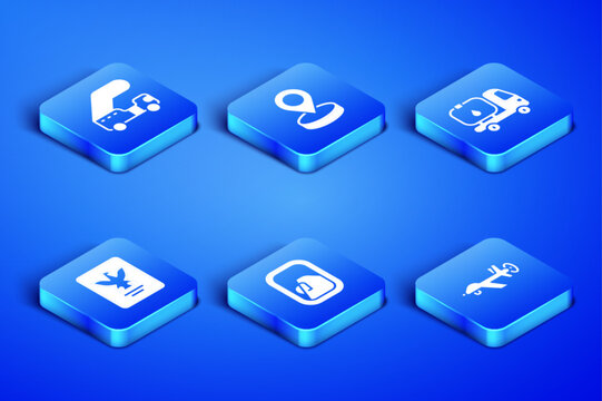 Set UAV Drone, Passenger ladder, Airplane window, Passport, Location and Fuel tanker truck icon. Vector