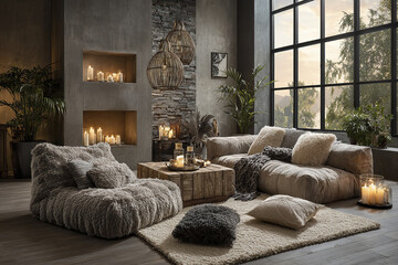 Fototapeta premium Cozy living room with plush textiles, soft cushions, warm candlelight, and natural decor creating luxurious hygge atmosphere with large windows and comfortable seating