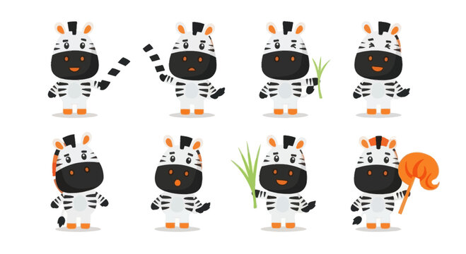 Cute Cartoon Zebras Set: Playing, Holding Grass, with Film Strip and Toy