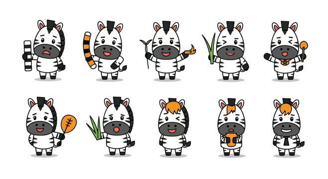 Cute cartoon zebras set with different emotions and accessories