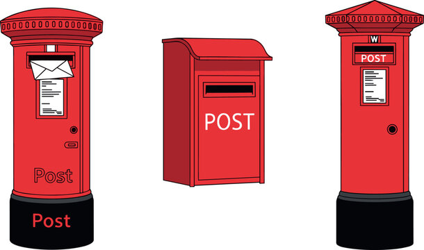 Red Post Box Vector Set with Vintage Mailboxes and Postal Service Icons