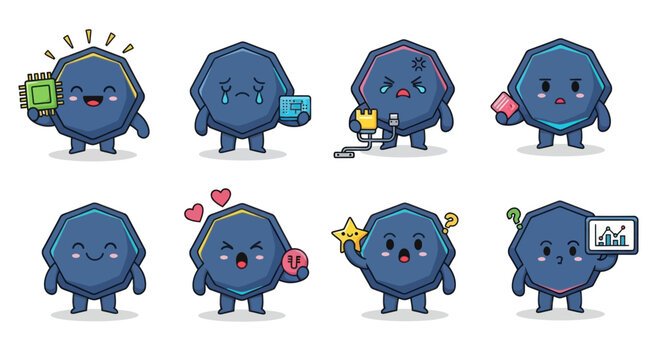 Cute Cartoon Hexagonal Character with Different Emotions and Actions