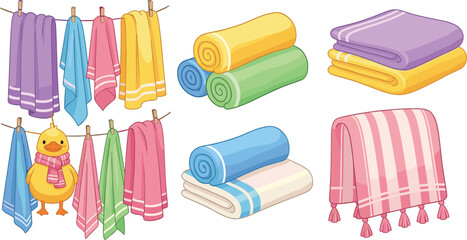 Colorful Towels and Blankets Vector Set with Hanging Cloth, Folded Linen Stacks, Rolled Fabric, and Cozy Home Textile Illustrations © MdMunzurul