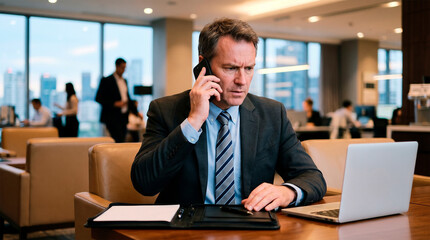 Obraz premium A professional businessman, working at the desk, talking on the phone with a serious expression and the presence of his laptop