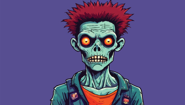 Cartoon Zombie with Red Hair and Glowing Eyes Illustration.