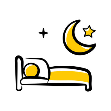 Person sleeping in bed under moon and stars icon yellow and black.