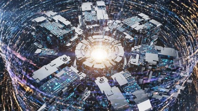 Futuristic Cybernetic Engine with Rotating Abstract Mechanisms and Digital Cityscape
