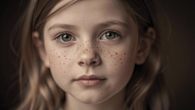 Close up portrait of a young girl with delicate freckles softly gazing into the camera natural beauty