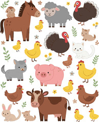 Fototapeta premium Cute Farm Animals Vector Illustration Set with Horse, Pig, Cow, Chicken, Turkey, Cat, and Rabbit Characters for Kids, Agriculture, and Cartoon Rural Design