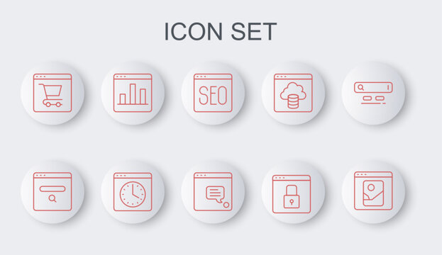 Set line Photo retouching, SEO optimization, Secure your site with HTTPS, SSL, Online shopping screen, Graph chart infographic, Browser window and New chat messages notification icon. Vector