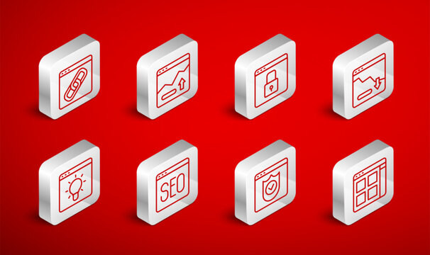 Set line Browser files, Financial growth increase, Secure your site with HTTPS, SSL, decrease, shield, window, SEO optimization and icon. Vector