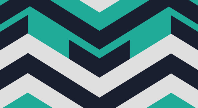 Bold geometric zigzag pattern in navy, teal, and white creates a modern, abstract design