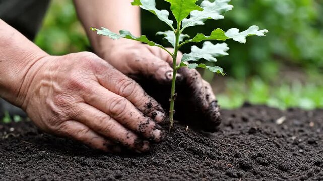 Senior person hands planting young oak sapling in dark fertile soil