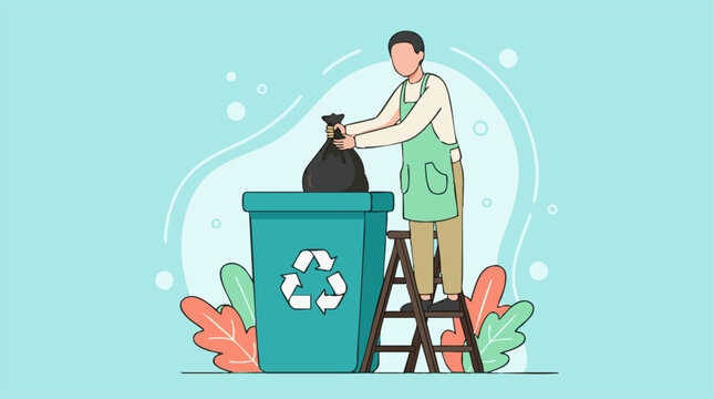 Person putting trash bag into recycling bin, waste management concept