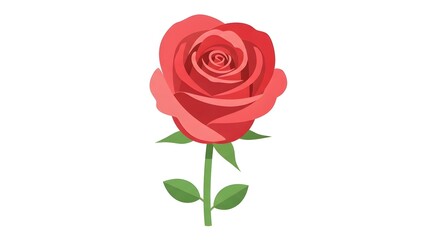 Fototapeta premium A vibrant red rose illustration with green leaves on a white background.