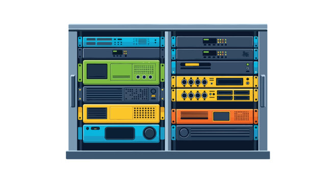 Colorful network server racks with various hardware components