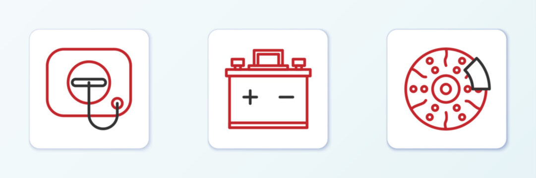 Set line Car brake disk with caliper, Oil filler cap at gas station and battery icon. Vector