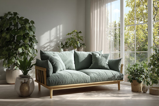 Minimal cozy living room with muted green sofa and wooden furniture surrounded by lush green plants near large window letting natural light create calm and inviting atmosphere