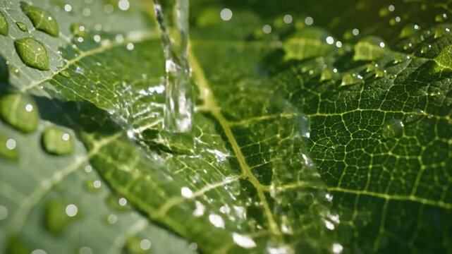 Macro shot of green leaf veins with water flowing and droplets, showcasing intricate natural patterns
