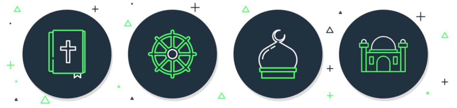 Set line Dharma wheel, Muslim Mosque, Holy bible book and icon. Vector