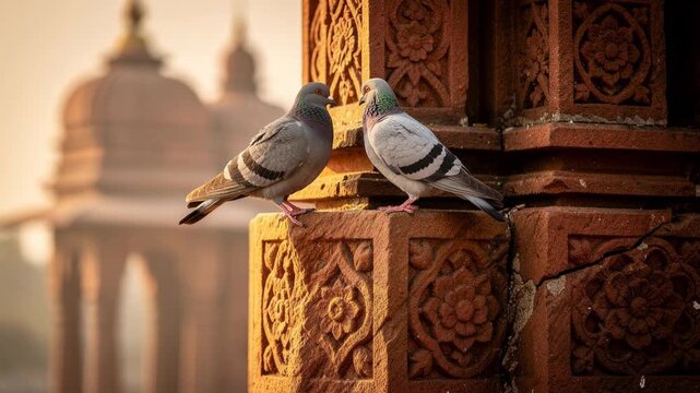 Two pigeons perched on intricately carved red sandstone pillars at warm sunset in historic architectural setting