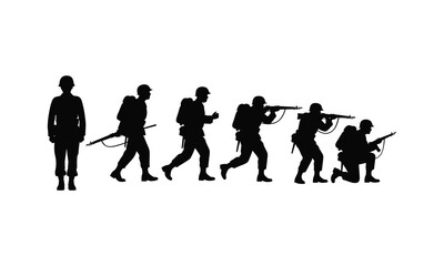 Obraz premium Silhouettes of soldiers progressing through various stages of combat readiness.