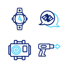 Set line Fishing harpoon, Photo camera for diver, Flippers swimming and Diving watch icon. Vector © vector_v