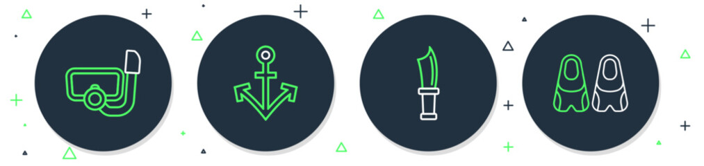 Set line Anchor, Diving knife, mask with snorkel and Flippers for swimming icon. Vector © vector_v