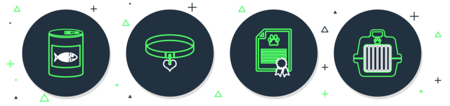 Set line Collar and heart, Certificate for dog or cat, Canned food and Pet carry case icon. Vector