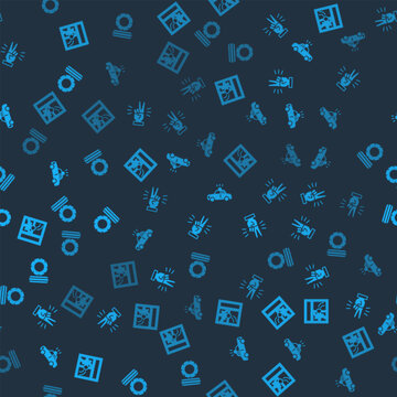 Set Broken window, Hand showing two finger, Police car flasher and Lying burning tires on seamless pattern. Vector