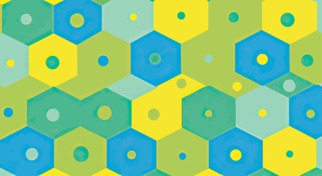Geometric pattern of overlapping hexagons in blue, green, and yellow, with small dots