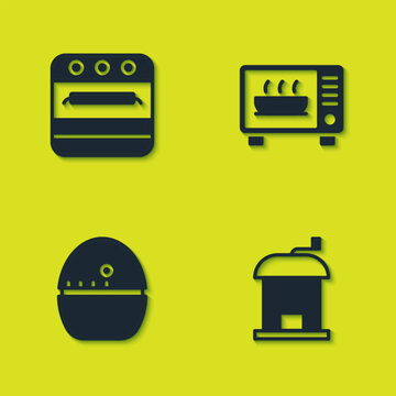Set Oven, Manual coffee grinder, Kitchen timer and Microwave oven icon. Vector