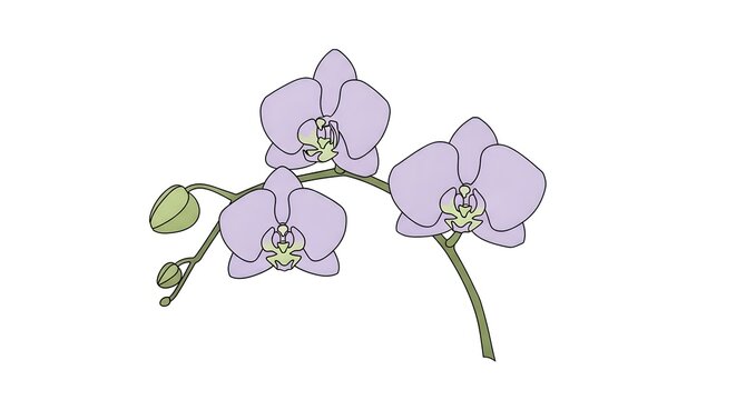 An elegant illustration of a branch of light purple orchid flowers with two unopened buds against a clean white background.