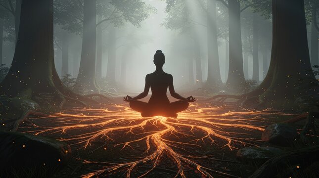 A person meditates in a misty forest, sitting cross-legged with glowing, fiery roots spreading beneath them, creating a mystical and serene atmosphere.