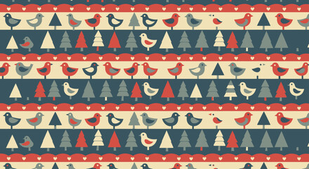 Repeating pattern of stylized birds and trees on a dark blue background © NAFAS KUDA