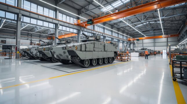 Modern military armored vehicles are lined up inside a spacious, well-lit factory with workers and equipment visible.