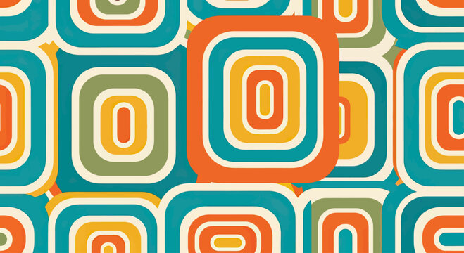 A mid-century modern pattern of overlapping rounded squares in cream, orange, teal, yellow, green