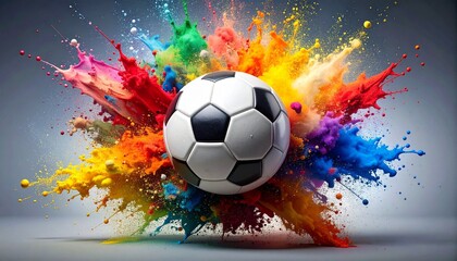 Fototapeta premium Dynamic Soccer Ball with Vibrant Paint Splash Explosion Concept Art