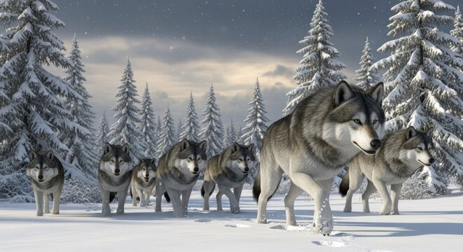 A pack of wolves walking through a snowy forest during winter.