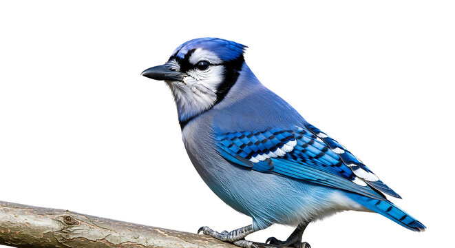 A vibrant blue jay perched on a natural surface with a focused gaze