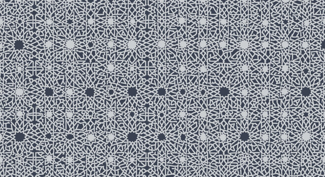 Intricate geometric pattern featuring a complex tessellation of stars and lines on a dark background
