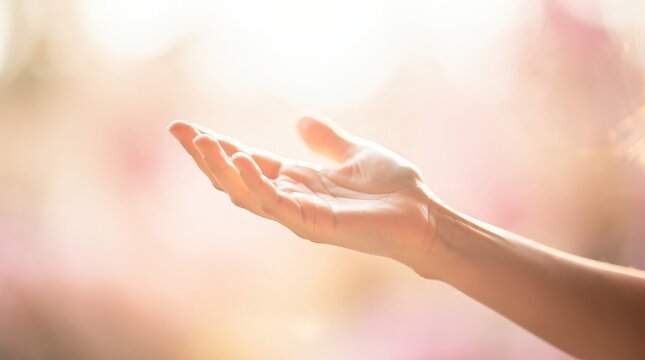 A soft, open hand reaches out gently against a warm, blurred background, evoking feelings of hope, peace, and openness.