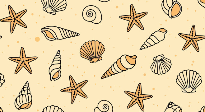 Seamless pattern of various seashells and starfishes scattered on sandy background