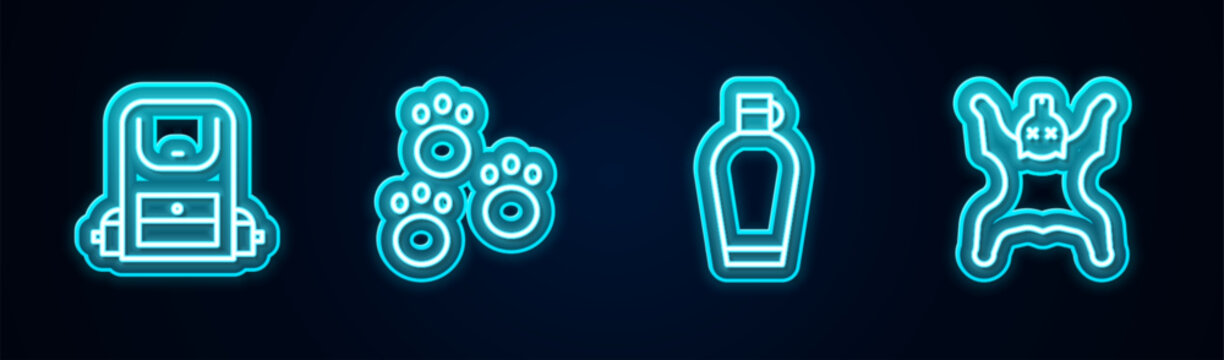 Set line Hiking backpack, Paw print, Canteen water bottle and Bear skin. Glowing neon icon. Vector